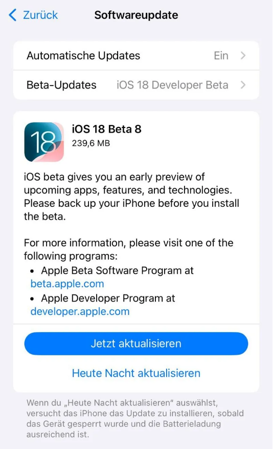 永定苹果手机维修分享苹果 iOS / iPadOS 18 开发者预览版 Beta 8 发布 